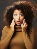 Young woman with Brazilian features who appears to be schocked AI Generative photo