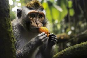 cerca arriba de mono comiendo Fruta en el selva. generativo ai foto