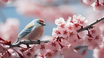 Birds sitting in a tree filled with cherry blossom flowers. Generative AI photo