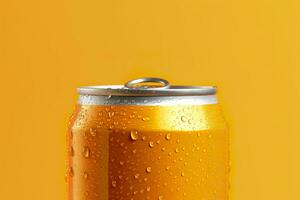 Can of fresh soda with water drops on orange background, closeup. Generative AI photo