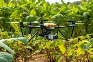 Drone monitoring crops and smart agriculture in a digital farming.  AI Generative photo
