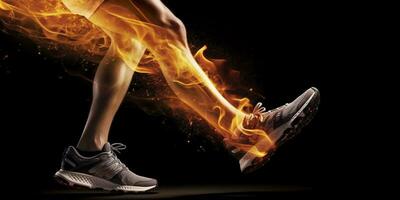 Side view of Runner legs with the power in the veins isolated on black background. Generated AI photo
