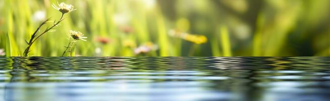 borroso imagen de natural antecedentes desde agua y plantas. generativo ai foto