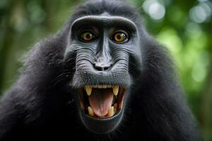 Celebes crested macaque with open mouth. Close up on the green natural background. Generative AI photo