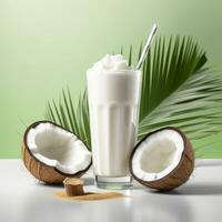 Coconut milk shake glass with fresh sliced coconut. Generative AI photo