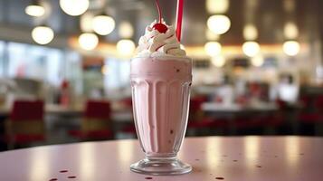 Cherry Milkshake in a Classic American Diner.  food photography concept. Generative AI photo