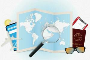 Travel destination Oman, tourism mockup with travel equipment and world map with magnifying glass on a Oman. vector