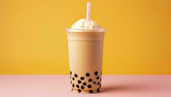 A bubble tea in a plastic cup. Generative AI photo