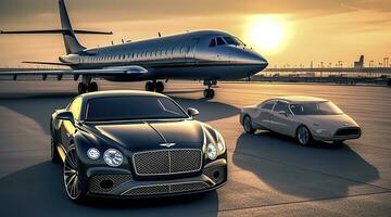 Super car and private jet on landing strip. Business class service at the airport. Business class transfer. Airport shuttle, AI Generative photo