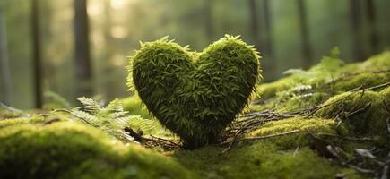 Closeup of wooden heart on moss. Natural burial grave in the woods. Generative AI photo