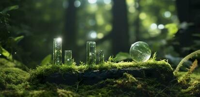 Crystals with moon phases image of moss in a mysterious forest, natural background. Generative AI photo