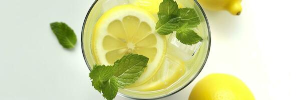 Lemonade in a glass with fresh lemons and mint. Cold summer drink with copy space. Generative AI photo