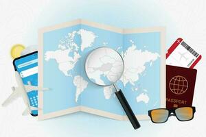 Travel destination Austria, tourism mockup with travel equipment and world map with magnifying glass on a Austria. vector