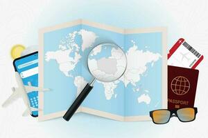 Travel destination Poland, tourism mockup with travel equipment and world map with magnifying glass on a Poland. vector