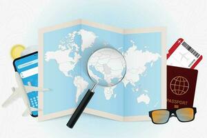 Travel destination Serbia, tourism mockup with travel equipment and world map with magnifying glass on a Serbia. vector