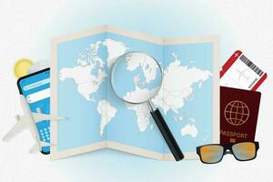 Travel destination Denmark, tourism mockup with travel equipment and world map with magnifying glass on a Denmark. vector