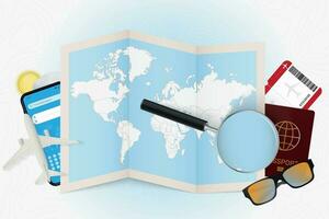 Travel destination Tonga, tourism mockup with travel equipment and world map with magnifying glass on a Tonga. vector