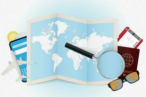 Travel destination Samoa, tourism mockup with travel equipment and world map with magnifying glass on a Samoa. vector