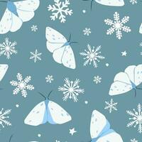 Seamless pattern with winter frosty ornament. White butterflies, moths on a background of snowflakes. Abstract vector graphics.