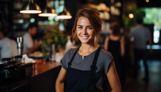 un contento camarera con un calentar sonrisa saluda clientes a el encimera, Proporcionar excelente Servicio y haciendo ellos sensación Bienvenido. generativo ai foto