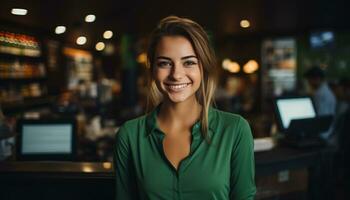 A happy waitress with a warm smile greets customers at the counter, providing excellent service and making them feel welcome. Generative Ai photo