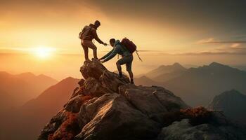 A mountaineer reaches out a helping hand to his teammate, demonstrating the importance of teamwork and motivation in achieving success in the face of challenging conditions. Generative ai photo