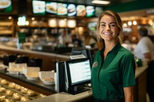 un contento camarera con un calentar sonrisa saluda clientes a el encimera, Proporcionar excelente Servicio y haciendo ellos sensación Bienvenido. generativo ai foto