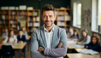 un joven masculino profesor con un brillante sonrisa soportes a el frente de su aula, rodeado por contento estudiantes quien son ansioso a aprender. generativo ai foto