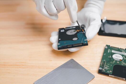 fix and repair hard drive computer for recovery data and backup to storage new concept. hand of engineer holding hard drive or disk for repair, fix Bad Sector on disk. HDD or hard drive has Bad Sector photo