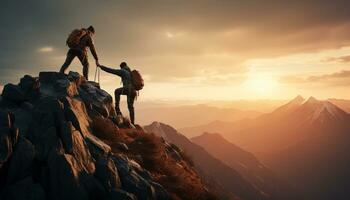 A mountaineer reaches out a helping hand to his teammate, demonstrating the importance of teamwork and motivation in achieving success in the face of challenging conditions. Generative ai photo