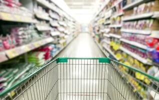 a shopping cart is seen in a supermarket aisle photo