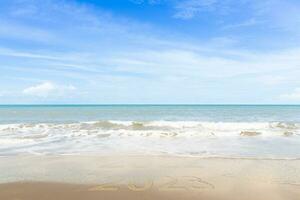 New Year 2023 Concept. inscription is a 2023 number on sand beach. Sandy beach and sea wave beautiful background. Write letters by hand on the beach. change year 2022 to year 2023 on sand of beach photo