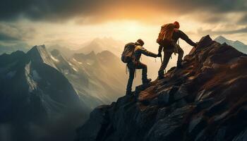 A mountaineer reaches out a helping hand to his teammate, demonstrating the importance of teamwork and motivation in achieving success in the face of challenging conditions. Generative ai photo