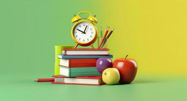 popular Arte ilustración de colegio accesorios con manzanas, libros, y un alarma reloj en el colegio antecedentes. espalda a colegio concepto. 3d representación, ai generativo foto