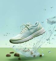 Fresh fly running shoes in water and wind in the style of natural patterns light white and light indigo ethereal illustration light blue and light green delicate still life. AI Generative photo