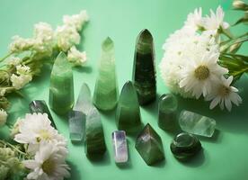 Crystal towers minerals set and white flowers on green abstract background. Generative AI photo