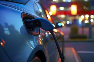 Close up photo of an electrical car charging at a gas station. Generative AI