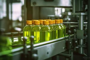 Conveyor belt, Beverage factory of fruit juice product for processing and bottling. AI Generative photo