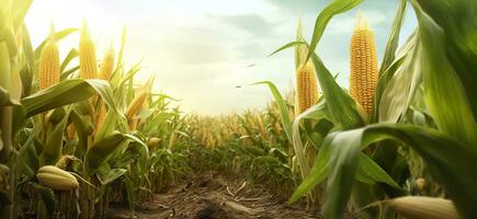 Closeup corn cobs in corn plantation field. Generative AI photo