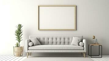 Modern cozy mock up and decoration furniture of living room and empty canvas frame on the white wall texture background, 3D rendering. AI Generative photo