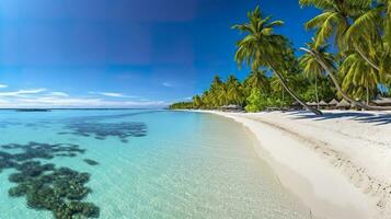 Tropical paradise beach with white sand and crystal clear blue water. Beautiful natural summer vacation holidays background. Travel tourism wide panorama background concept. AI Generative photo