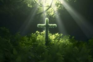 The cross of God with green Leaf, in the rays of the sun and blue sky. Cross on the hill with green trees and graeen natural view. Religious concept, AI Generative photo