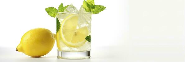 Lemonade in a glass with fresh lemons and mint. Cold summer drink with copy space. Generative AI photo