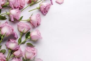 Close up of blooming pink roses flowers and petals isolated on white table background. Floral frame composition. Decorative web banner. Empty space, flat lay, top view. AI Generative photo