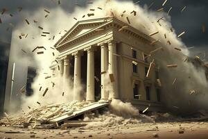 Bank collapse. A bank or financial institution, going down failing or collapsing. Generative AI photo