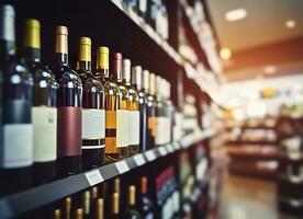 Abstract blur wine bottles on liquor alcohol shelves in supermarket store background. Generative AI photo