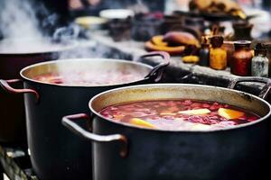 Beverages fruits and berries hot mulled wine in pots with steam in street food market. Generative AI photo