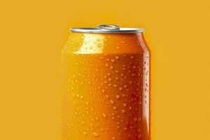 lata de Fresco soda con agua gotas en naranja fondo, de cerca. generativo ai foto