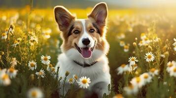 Charming corgi dog with flowers in the spring. Generative AI photo