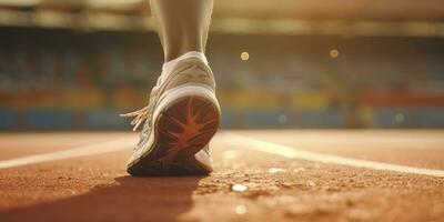 Runner feet running on a stadium, closeup on feet, sports background, space for copy, AI Generative photo